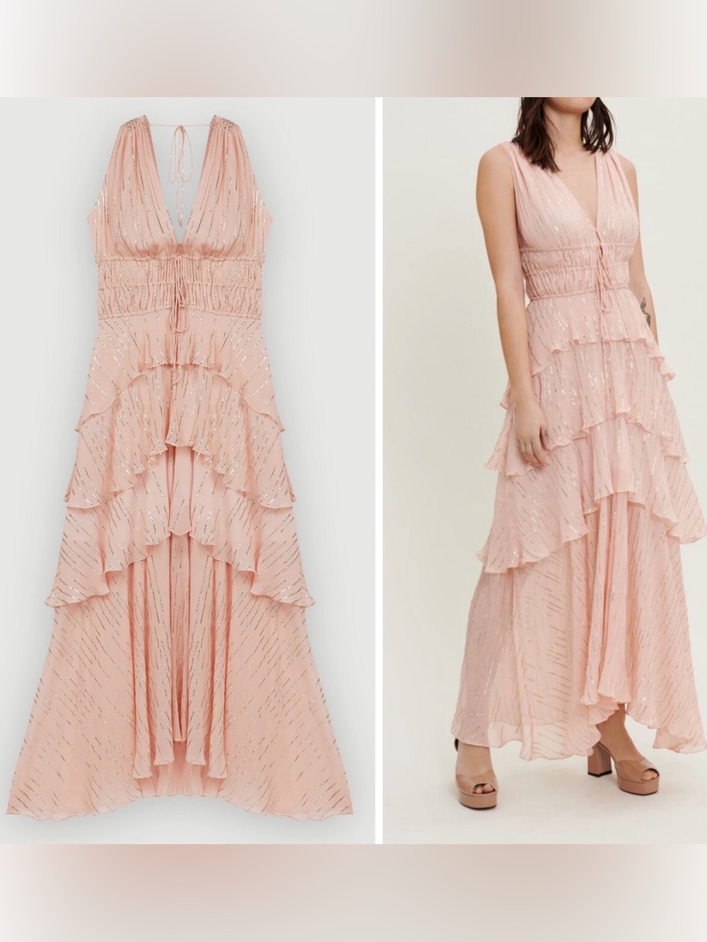 NWT Maje Silk and lamé ruffle Blush Pink Metallic-Striped Maxi Dress 6